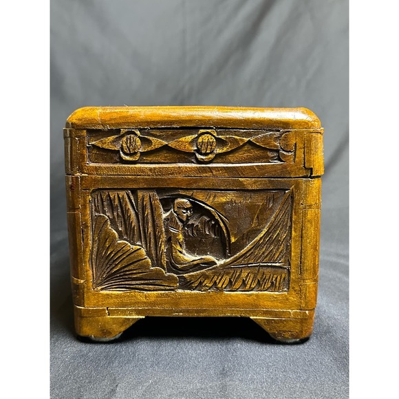 Old Chinese Carved Camphor Timber Wooden Chest Jewelry Vanity Tea Box - Picture 6 of 8